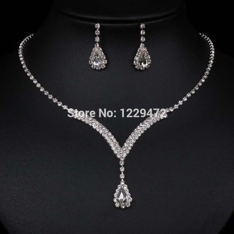 TREAZY Teardrop Crystal Bridal Jewelry Sets Silver Color Rhinestone Necklace Earrings V Shaped Wedding Jewelry Set for Women