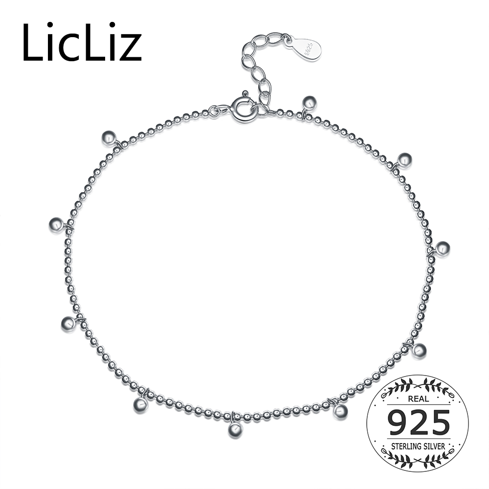 Licmulti fio de prata contas de bola tornozeleira com corrente de bola bracelete de pé, 925 encantos esterlina para mulheres tornozelo sandália de praia joias finas la0007