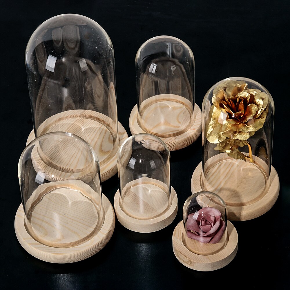 1Pcs Sferische Glas Cloche Jar Display Stand Cover Terrarium Fles Met Houten Base Acryl Stofkap Display Box Bloem doos