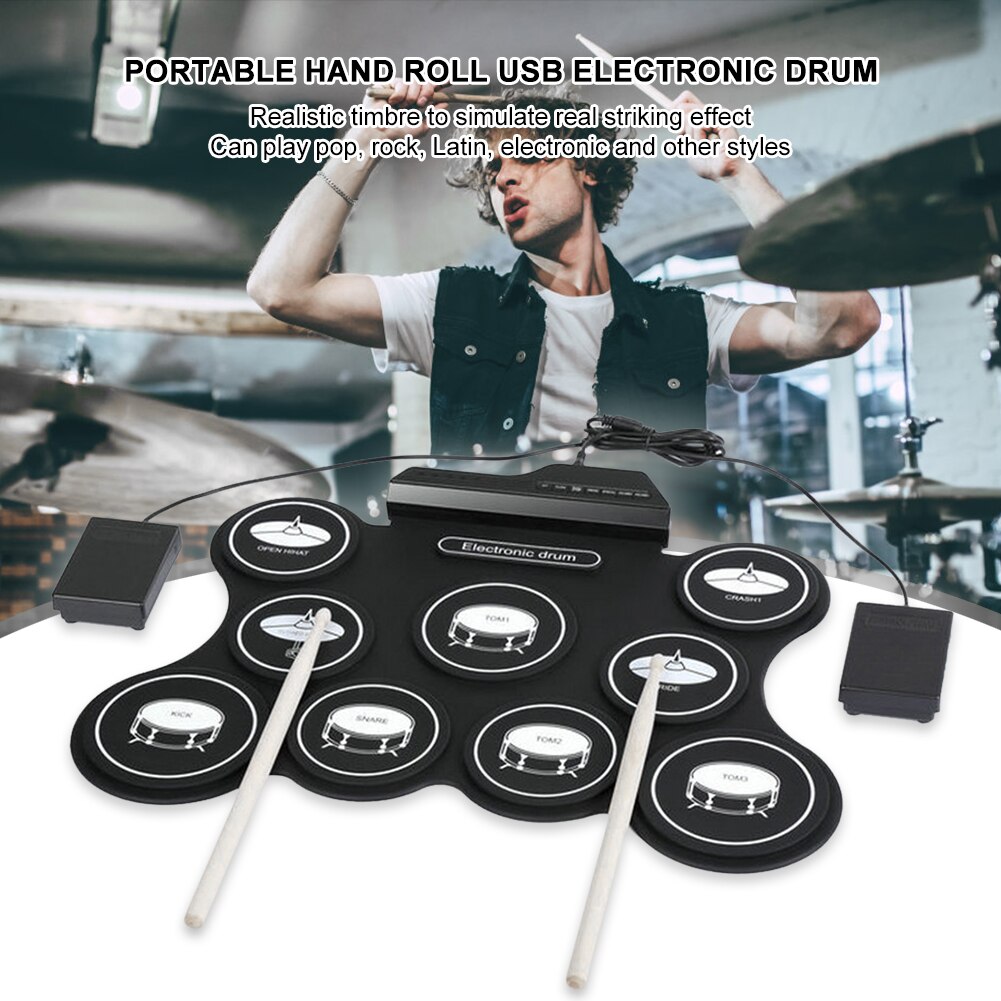 Portable Electronic Drum Digital USB 7 Pads Roll up Drum Set Silicone Electric Drum Pad Kit With DrumSticks Foot Pedal