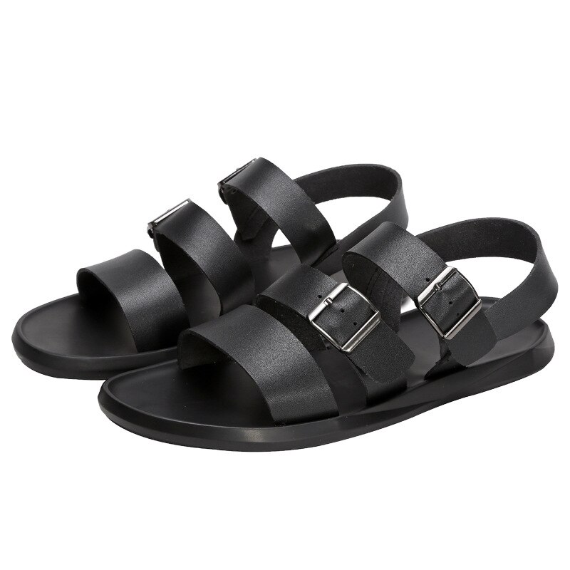 Men Leather Sandals Summer Open Toe Casual Shoes Outdoor White Soft Sole Beach Gladiator Sandalias Hombre Buckle Strap: black / 9.5