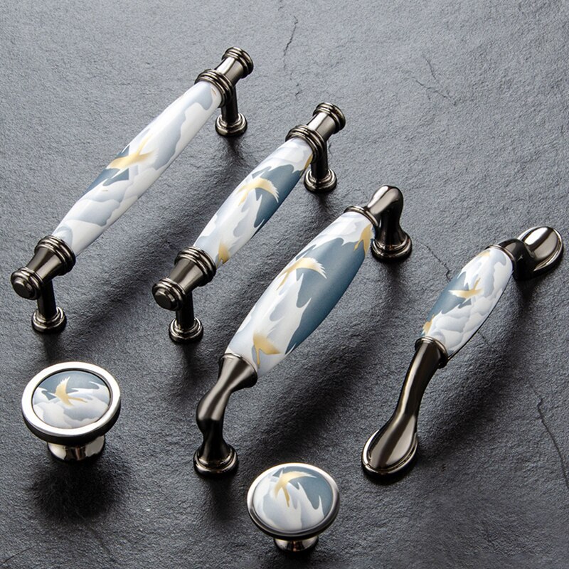 Sky blue/Ceramic Door Handles European Antique Furniture Handles Drawer Pulls Kitchen Cabinet Knobs and Handles