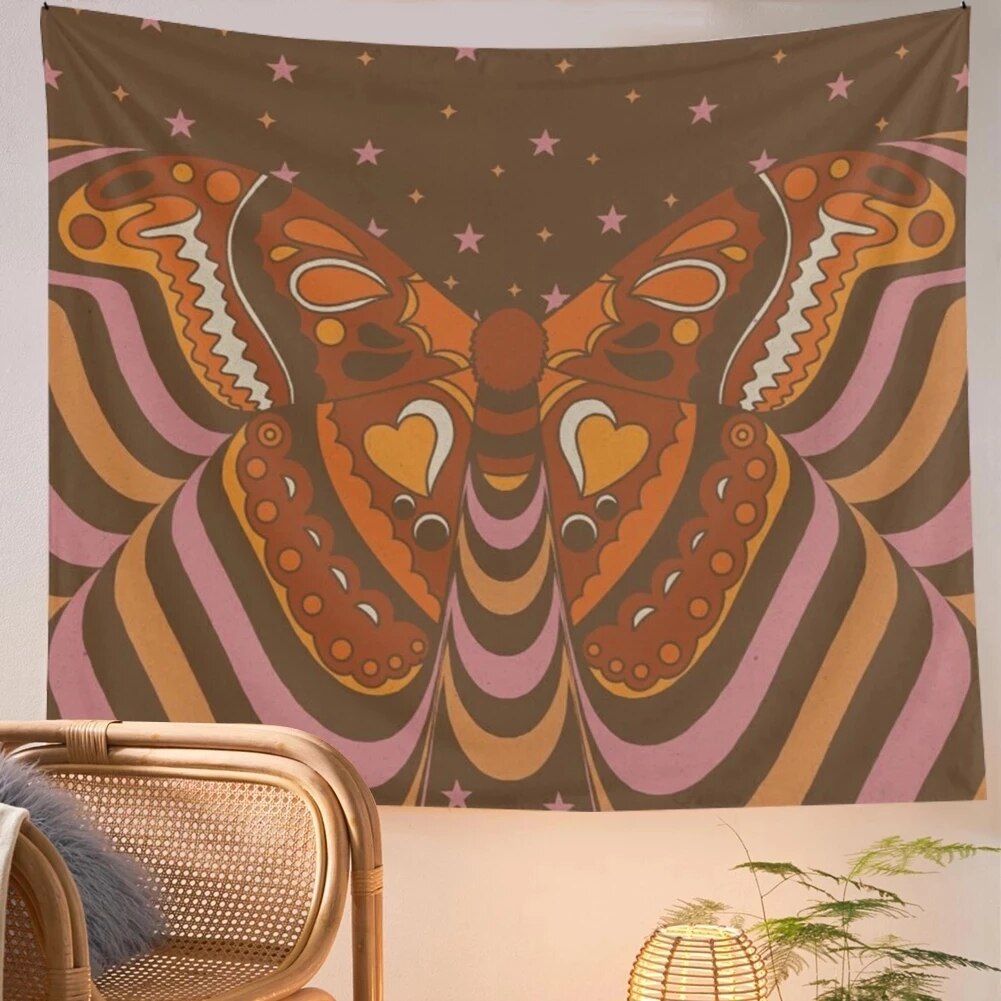 Tapiz psicodélico Retro de los años 80, colgante de pared con de mariposa psicodélica, flor, ojo, estrella, cielo, cubierta Vintage de los 90, decoración artística para habitación: 150x100cm / 2