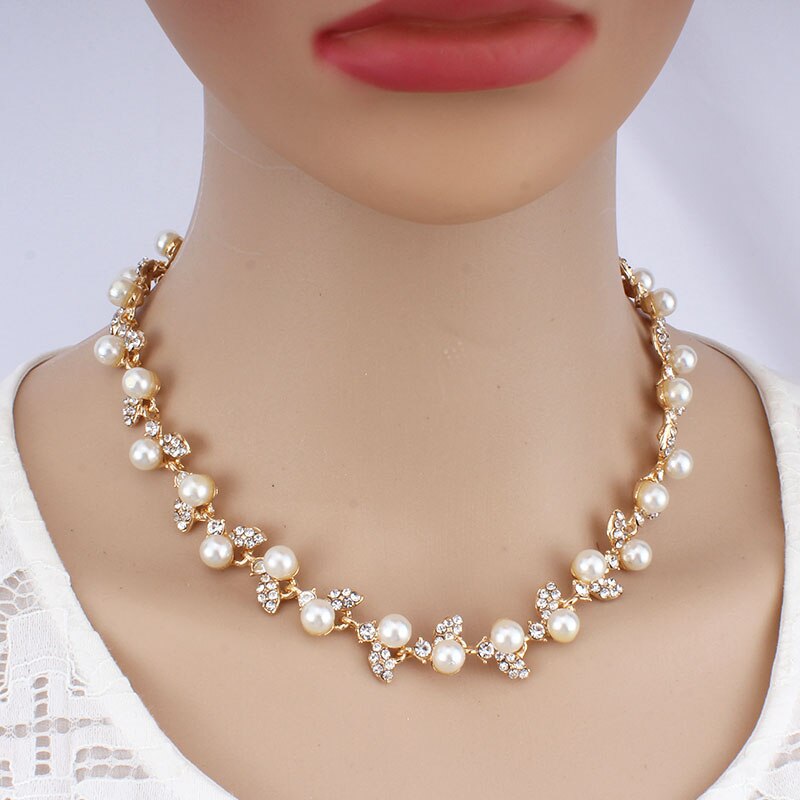 Jiayijiaduo Gesimuleerde Parel Bruids Sieraden Sets Gold-Kleur Ketting Set Bruiloft Kostuum Sieraden Ketting Oorbellen Armband Set