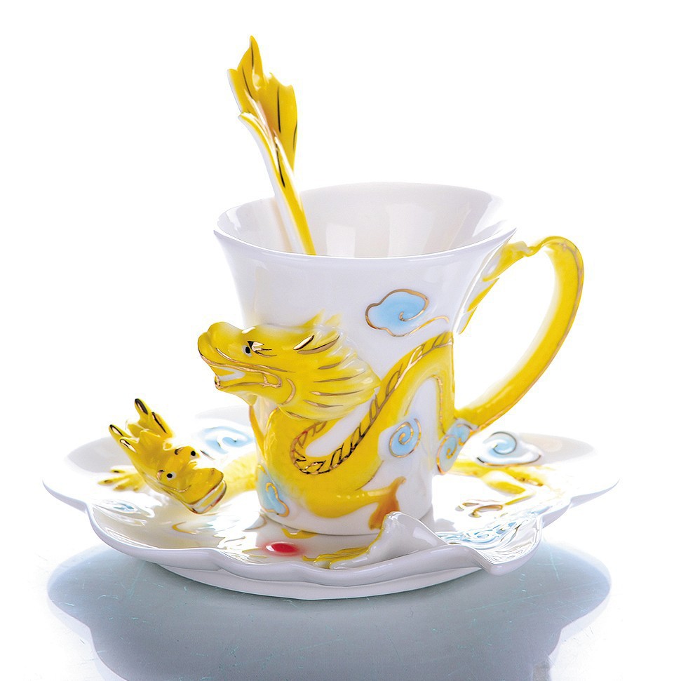 Raffineret keramik drikkevarer krus porcelæn emalje kina drage kopper keramik kaffekop 3 stk/sæt (1 kop , 1 underkop , 1 ske)