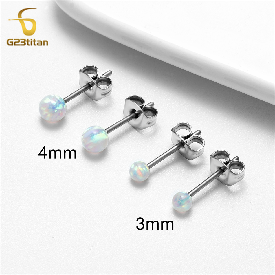 1 par de pendientes de ópalo de fuego, joyería hipoalergénica de titanio para Piercing en la oreja, pendientes simples de piedra de bola pequeña, accesorios para hombres y mujeres: Negro / Color amarillo dorado claro