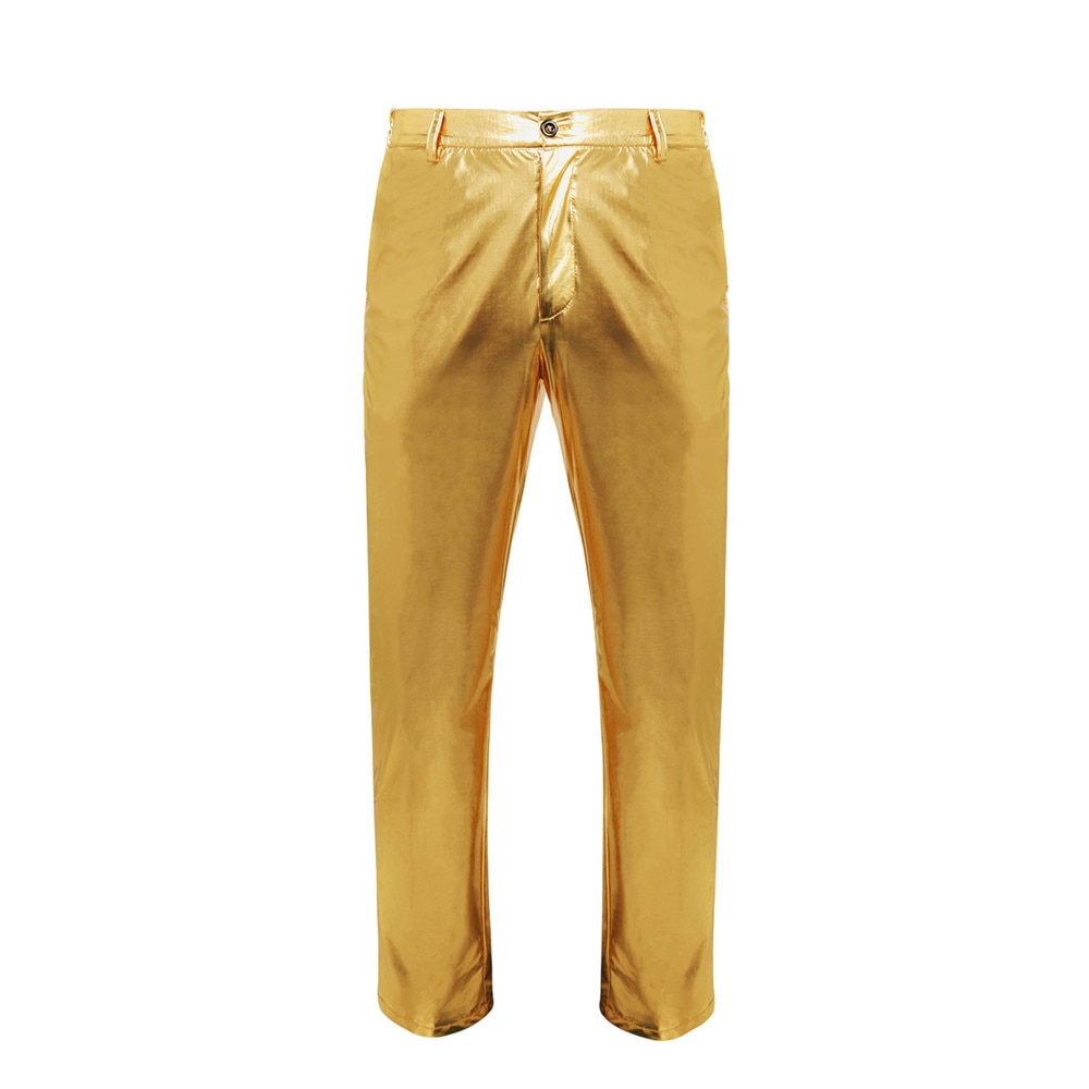 Pantalones de pierna recta para hombre, pantalón metálico dorado, informal, ceñido, para motocicleta, brillante, para discoteca, escenario, pantalones de