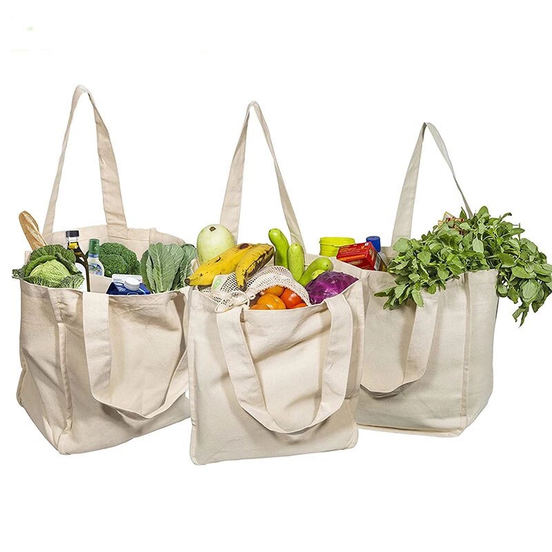 Big Canvas Grocery Shopping Bags Cloth Tote Bags With Bottle Sleeves Reusable Large Capacity Washable & Eco-friendly Handle Bag