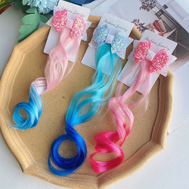 1-2 pz ragazze parrucche colorate coda di cavallo ornamento per capelli principessa fiocchi fasce elastici copricapo treccia regalo per bambini accessori per capelli