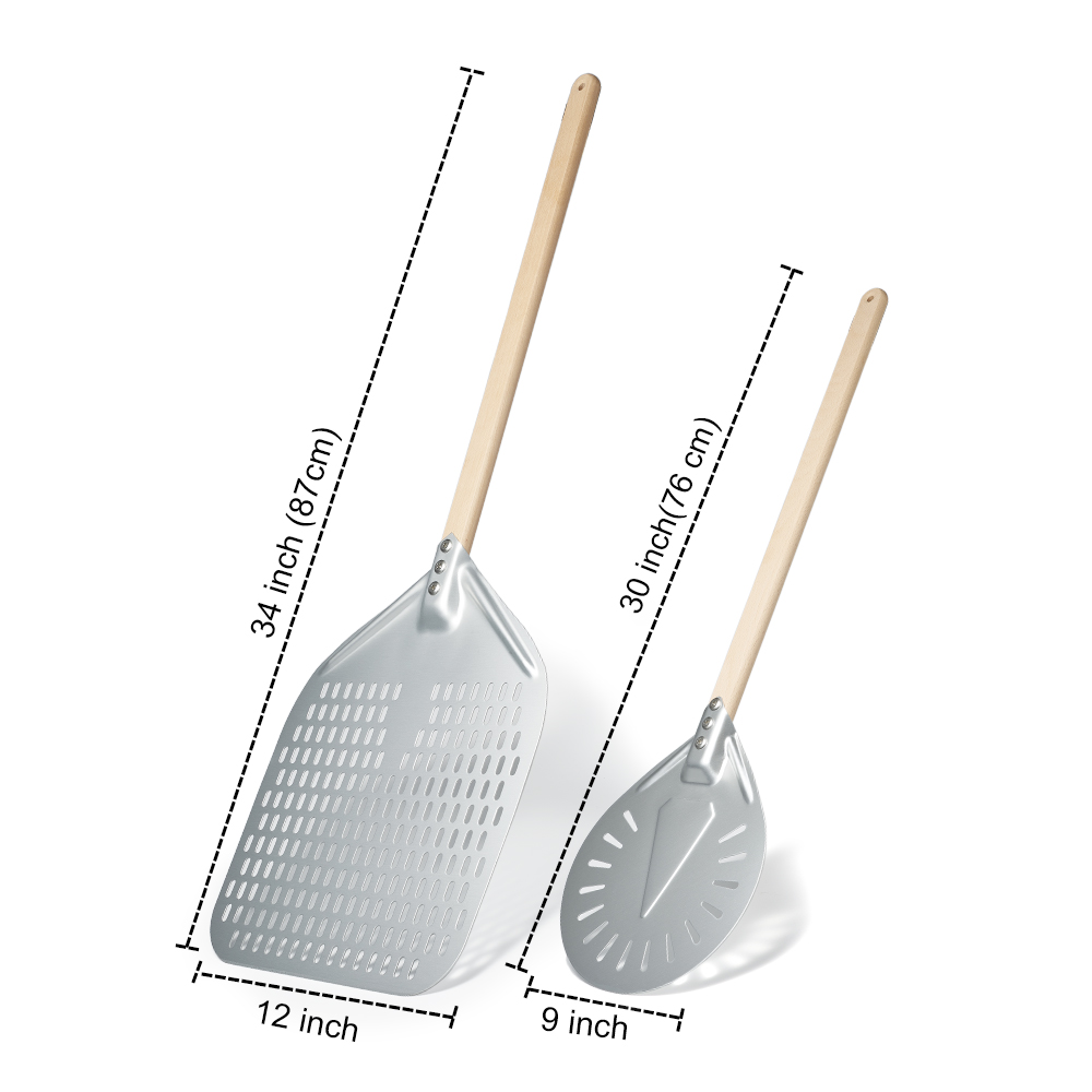 SHANGPEIXUAN Perforated Pizza Peel with Turning Pizza Peel Wood Handle Pizza Shovel Anodized Short Spatulas Baking Tools: Beige