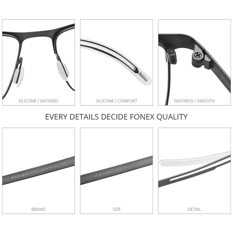 FONEX – Monture de lunettes en titane pour homme, carrée, convient à la prescription optique, myopie, avec du silicone antidérapant, , référence 8521