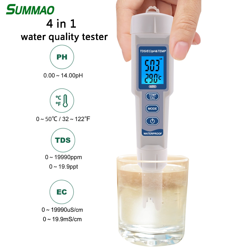 PH-3580 Digital PH Meter 4 in 1 PH/TDS/Temp/ EC Tester Conductivity Monitor Water Quantity Test Tool TDS Analyzer for Aquarium