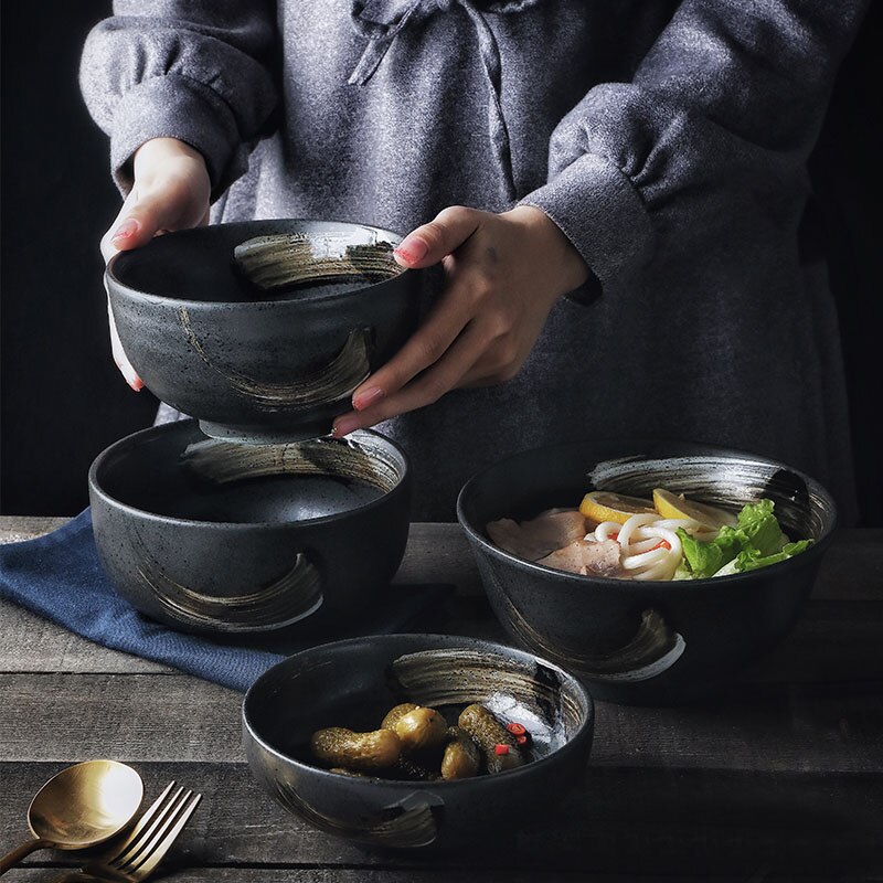 Kinglang enkelt japansk restaurantskål sort mat keramisk nudelskål bordservice rund ris stor skål