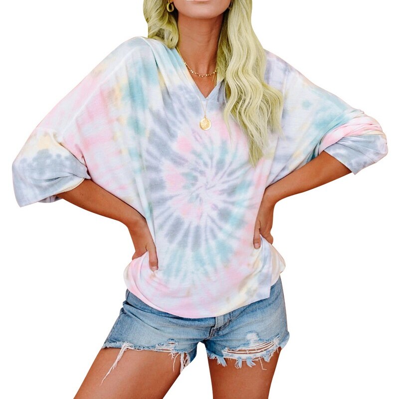 Loose Casual Women Gradient Color Print Tshirt Short Sleeve Autumn Tie-dye Print Short T-Shirts: XXL / grey 2