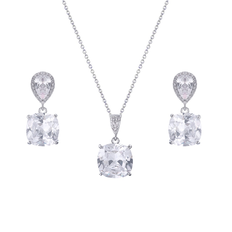 Weimanjingdian Sparkly Kussen Cut Zirconia Hanger En Oorbellen Sieraden Set Voor Bruid Of Bruidsmeisje