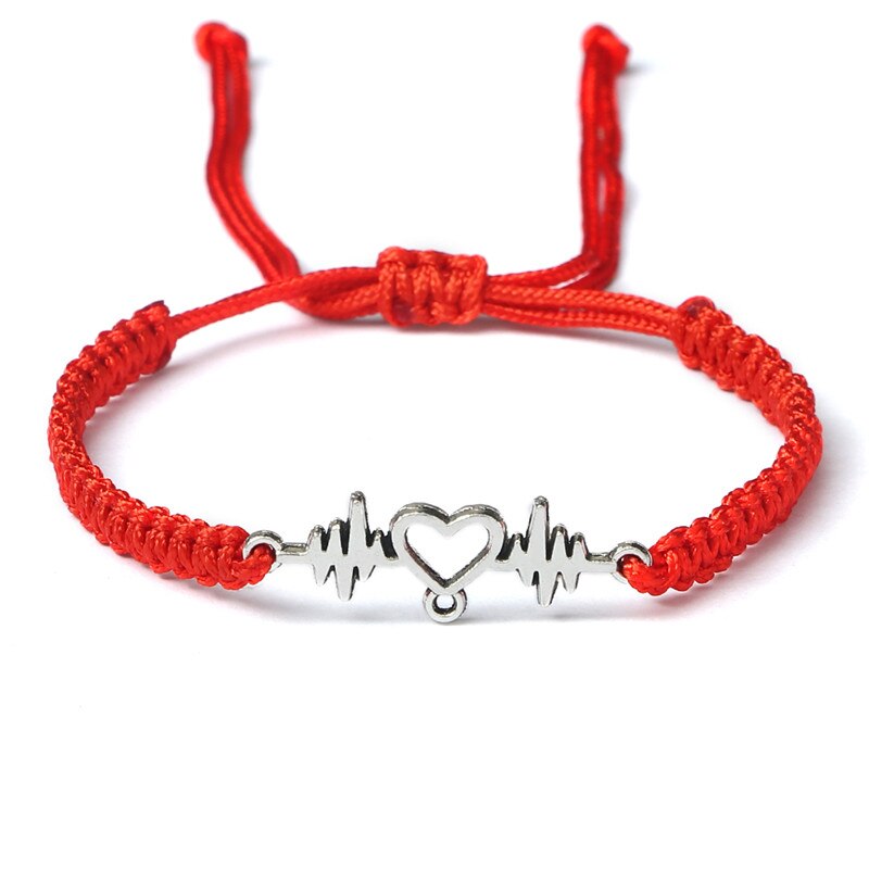 Goud Hartslag Cardiogram Armbanden Vrouwen Rood Zwart Touw Handgemaakte Weven Minnaar Sieraden Armband Speciale Cadeaus Voor Beste Vrienden: Red-silver