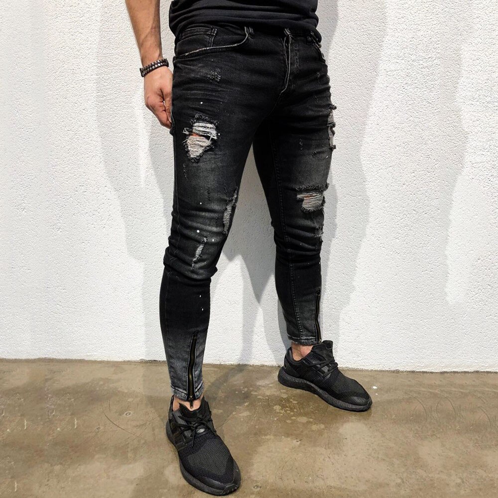Mens Cool Brand Black Jeans Skinny Ripped Destroyed Stretch Fit Hop Hop Pants With Holes For Men Jeans Trousers#h3