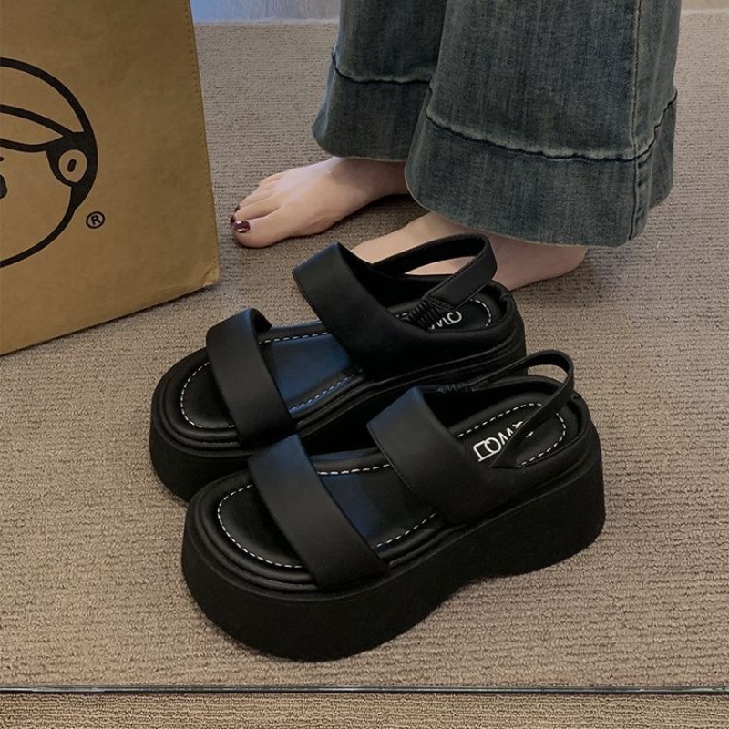 Sommer chunky sandaler dame kilehæle slides 8cm høje hæle læder afslappet kvinde strand tyk bund flip-flops: Sort / 37