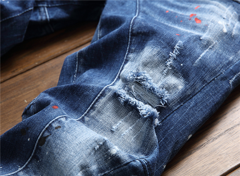 Licht Luxe Mannen Slim-Fit Ripped Blauw Denim Broek, Dot Print Decorating Jeans, white Wash Stijlvolle Sexy Straat Jeans