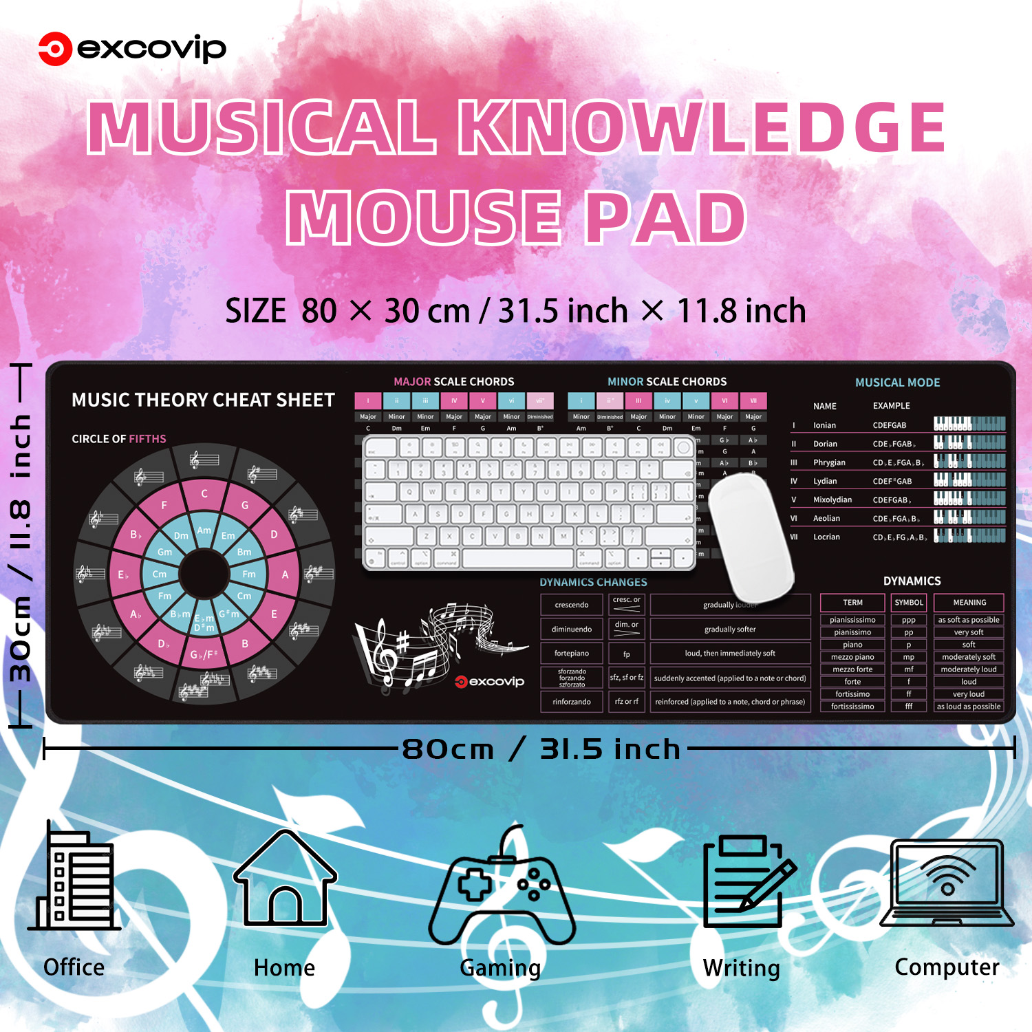 EXCO Music Theory Shortcuts Mouse Pad Large Circle of Fifths Cheat Sheet Keyboard Mousepad Stitched Edge Non-Slip Base Desk Mat