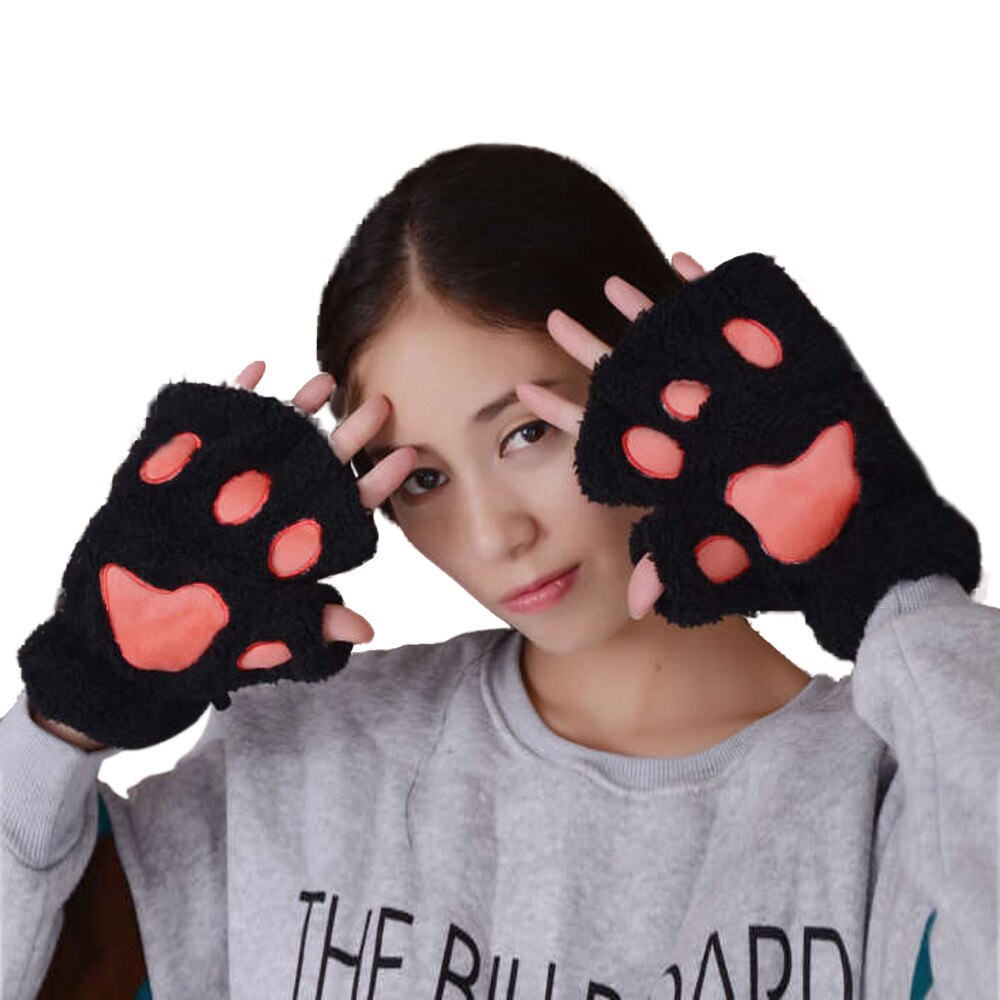 Gants demi-doigt épais en velours pour femmes, garde la chaleur, mitaines en peluche avec patte de chat épaisse, doux