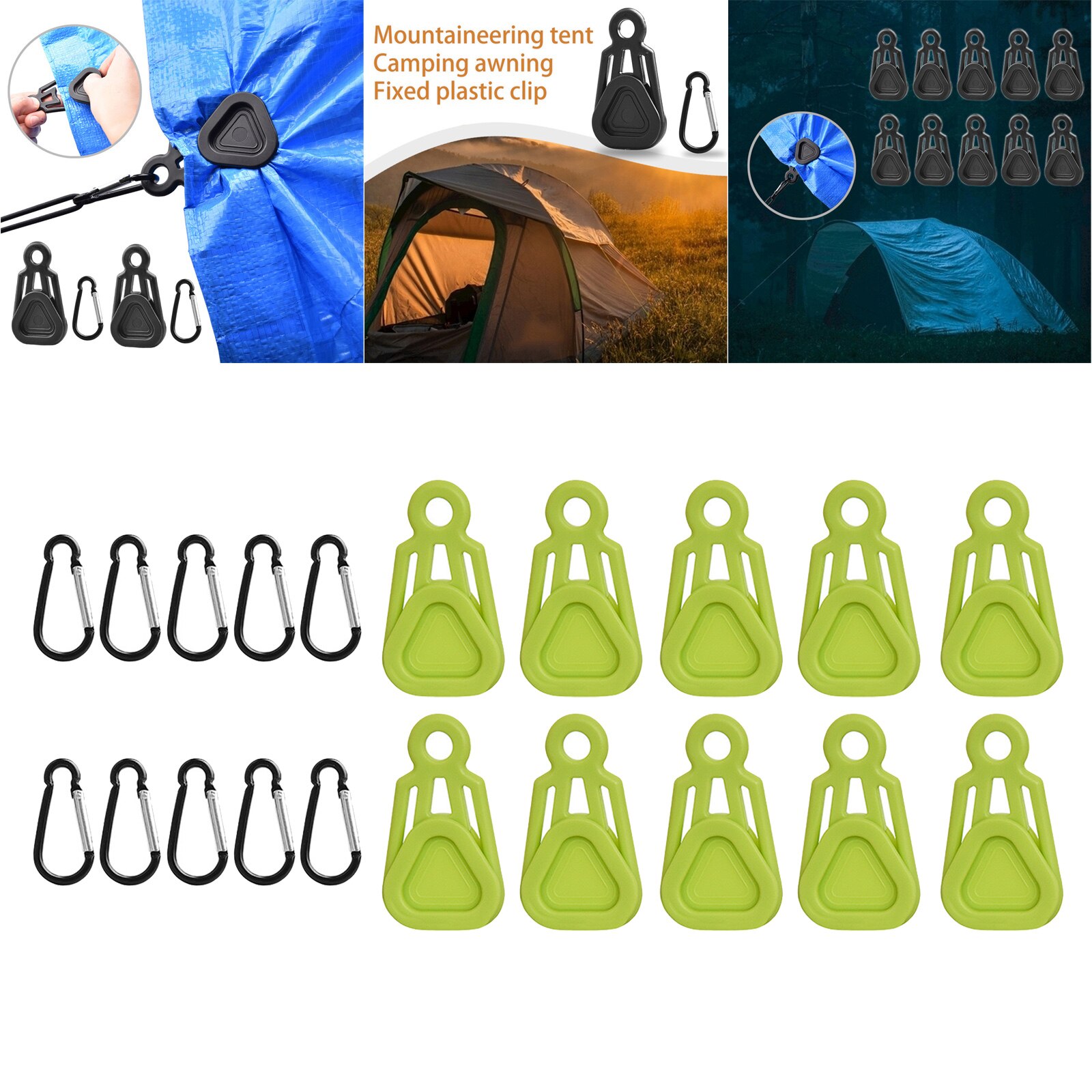 10Pcs Tarp Clamp Tent Wind Rope Clips Hangers Survival Emergency Grommet: Green Clip and Hook