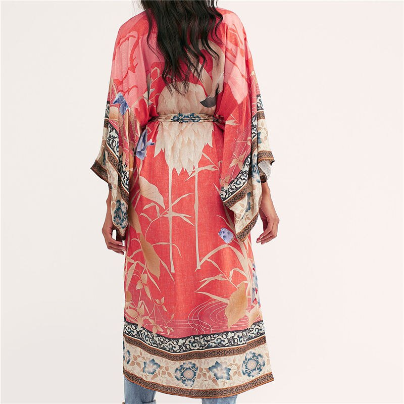 Bikini Cover-ups Bohemian Veelkleurige Gedrukt Chinese Stijl Lange Kimono Vest Vrouwen Beach Wear Badpak Cover Up q996