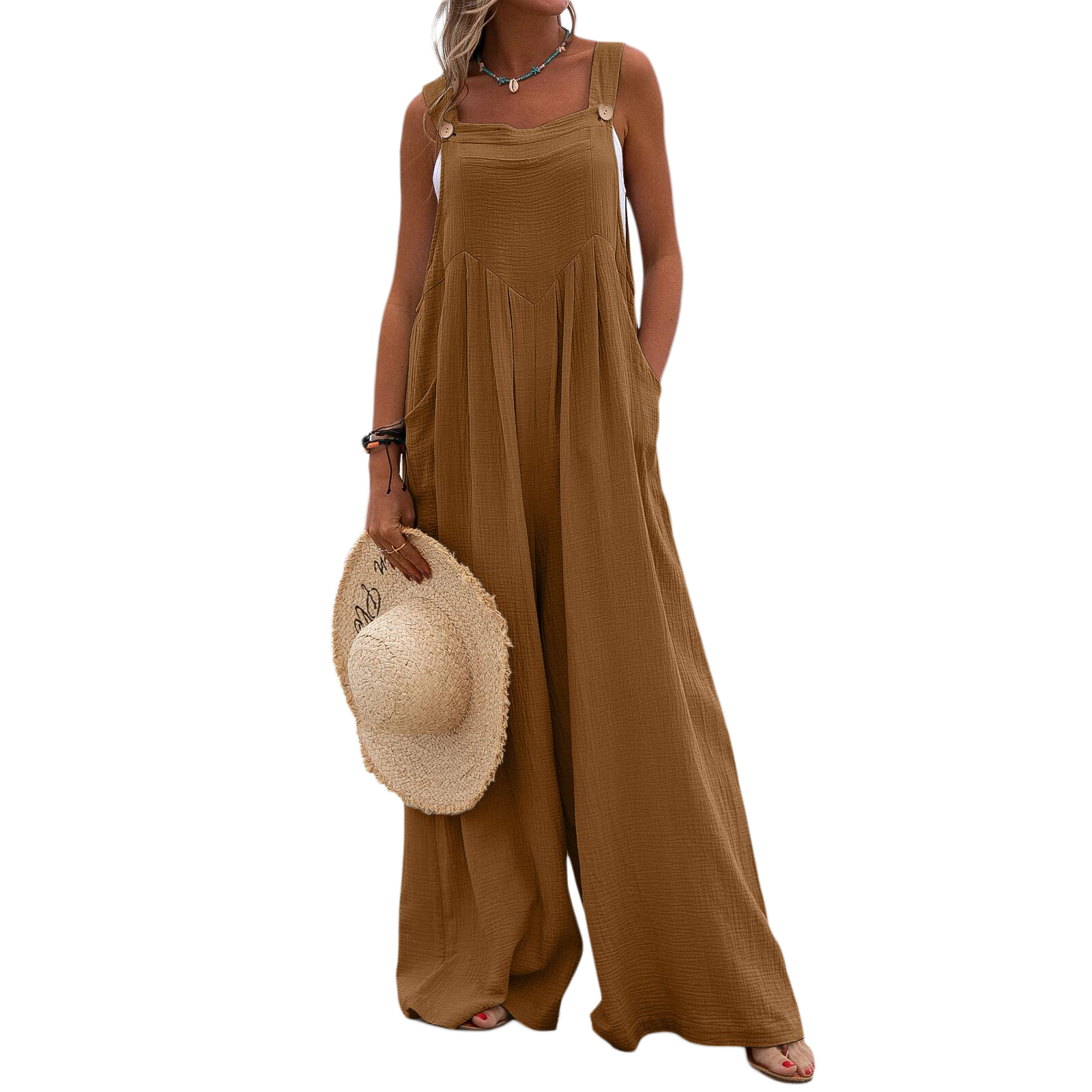 Overalls til kvinder sommer afslappet knapbukser med brede ben og seler, lange overalls med lommer, dameplantebukser: Xl / Lilla