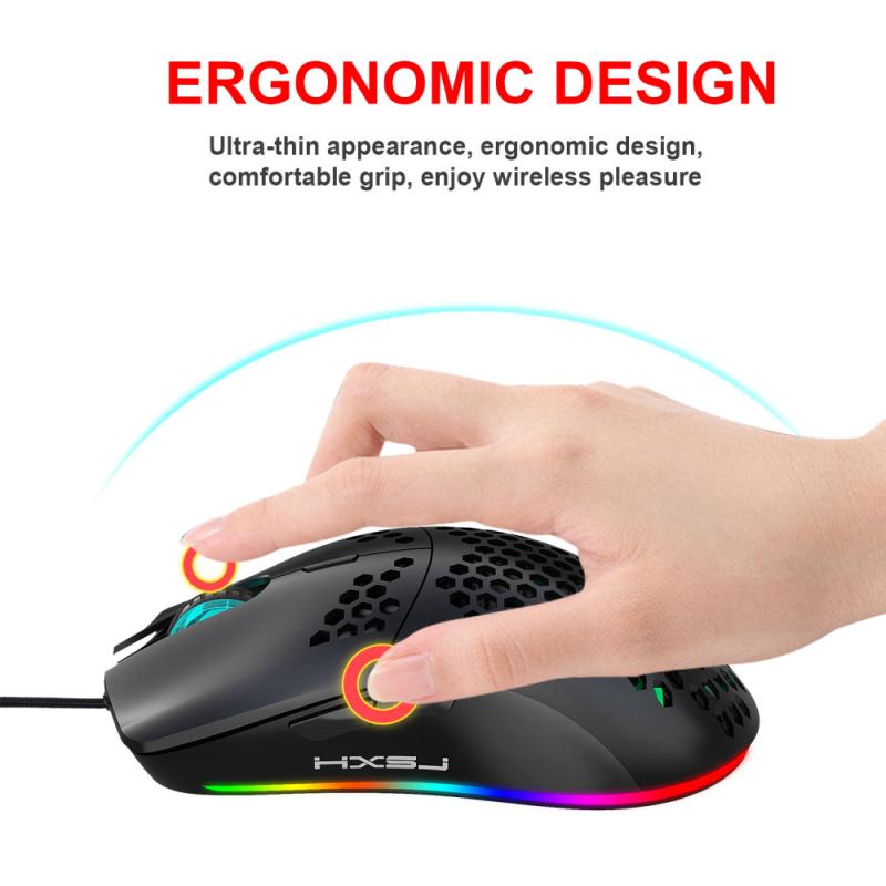 HXSJ J900 USB Wired Gaming Mouse RGB Gamer Mouses With Six Adjustable DPI Honeycomb Hollow Ergonomic For Desktop