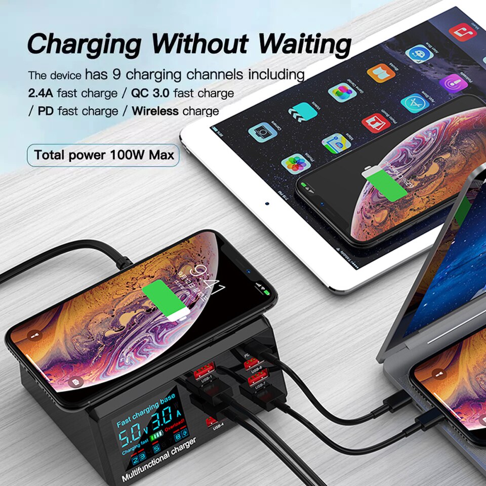 Betty 100W Intelligente Digitale Display 8 Poorten Usb Charger Quick 3.0 Adapter Hub Pd Fast Charger Voor Iphone Draadloze laders