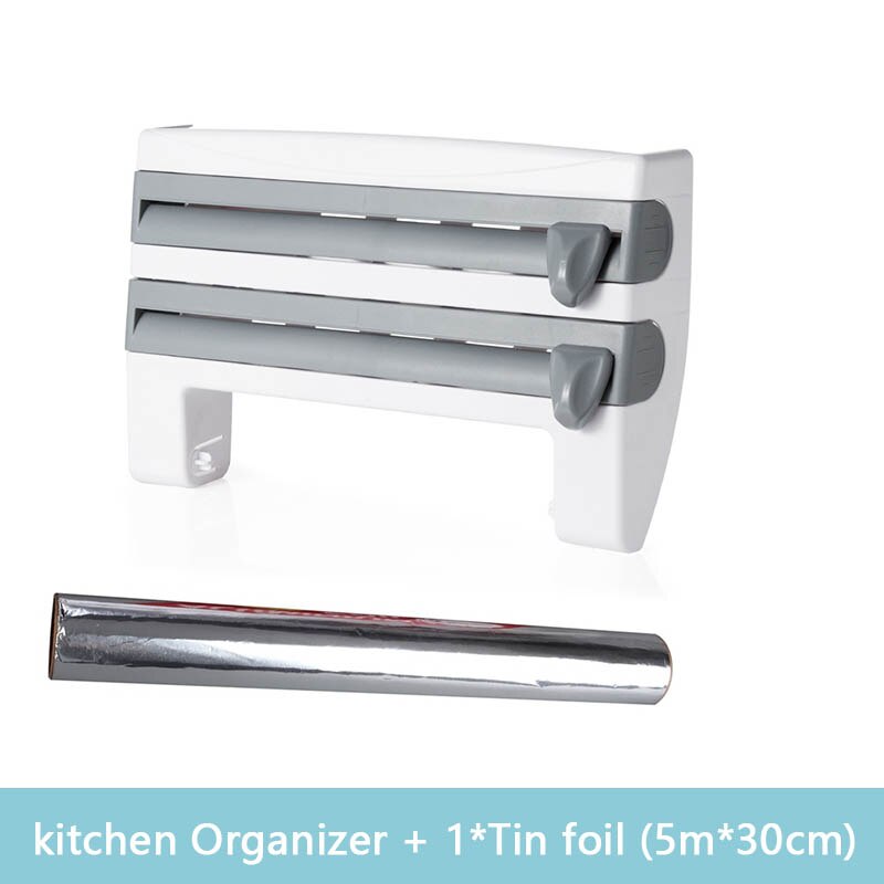 Organizer for Kitchen 4 in1 Wall-Mount Paper Towel Holder Sauce Bottle Storage Film Cutter Tin Foil Rack Kitchen Organization: Grey-Tin foil