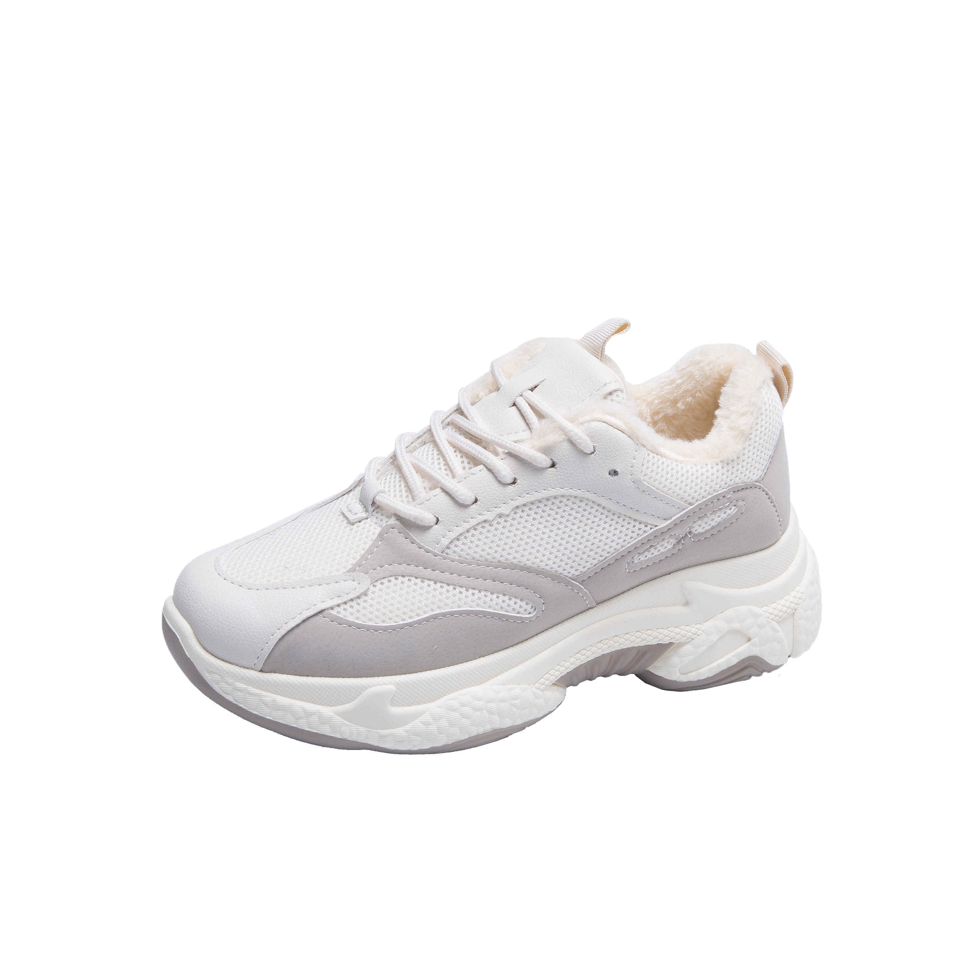 Wwkk vinter løbesko kvinde komfortabel plus fløjl snøresko kvinde chunky sports platform sneakers dame sko: Hvid / 35