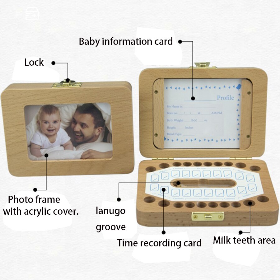 2 in 1 Baby Tooth Box With Photo Frame Caja Dientes English/ Spanish Text Baby Wood Tooth Box Milk Teeth Storage Box