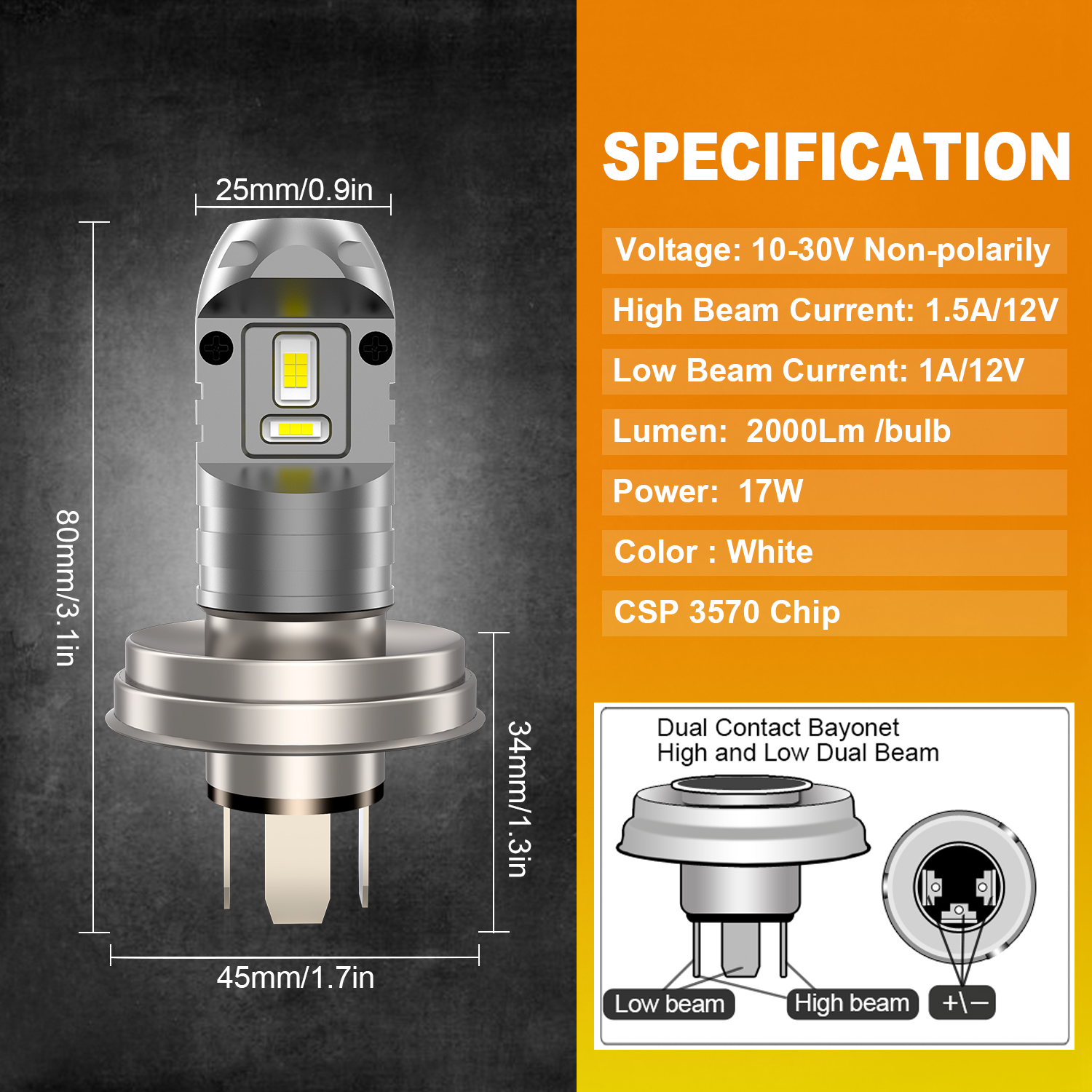 Bombilla de faro LED R2 P45T DC 12V bombilla LED de haz alto y bajo blanco superbrillante para faro de motocicleta sin polaridad