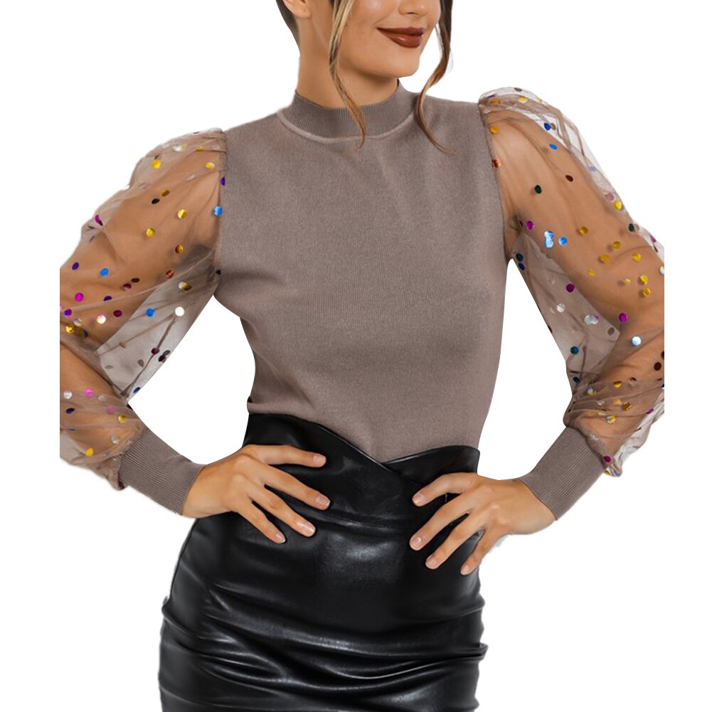 Kvinder blonder mesh gennemsigtig lange pufærmer toppe skjorter bluse: Orange / M