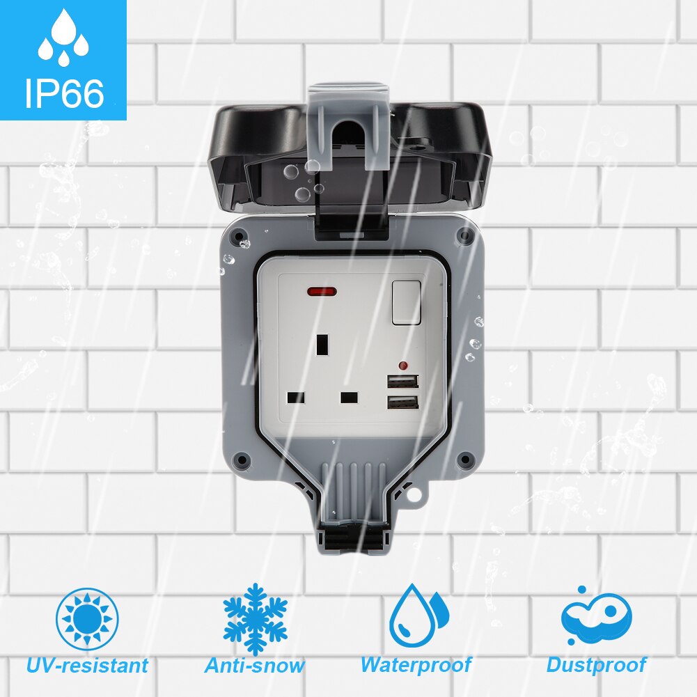Enchufe de pared exterior IP66 impermeable, 13A, enchufe conmutado de Reino Unido con puerto de carga USB, inserción de carga