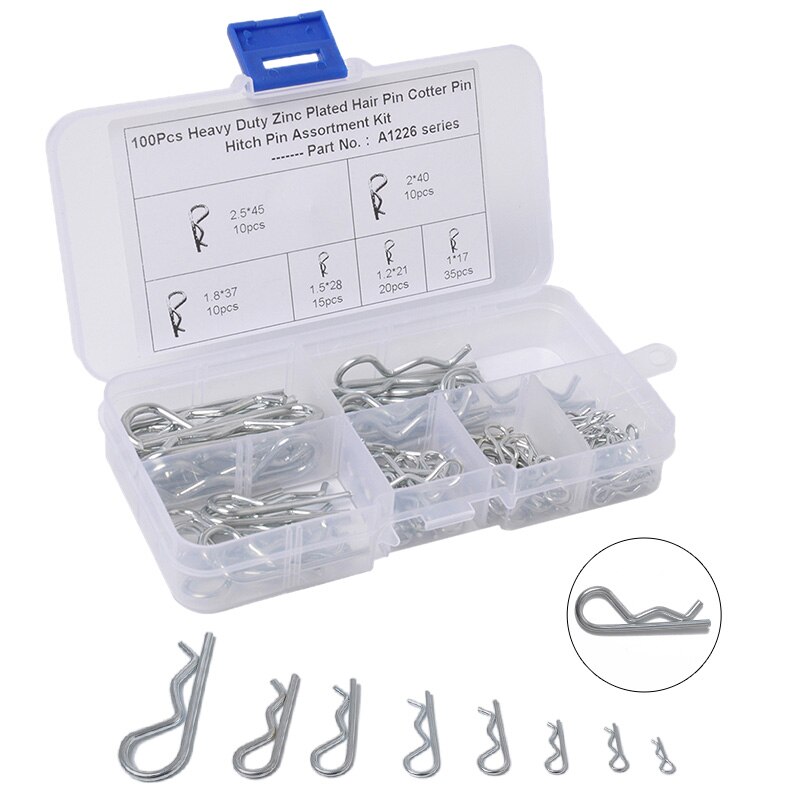 100 stk r split stifter traktor stift clips med plast boks sortiment kit hitch hår traktor stål clip split grab kit