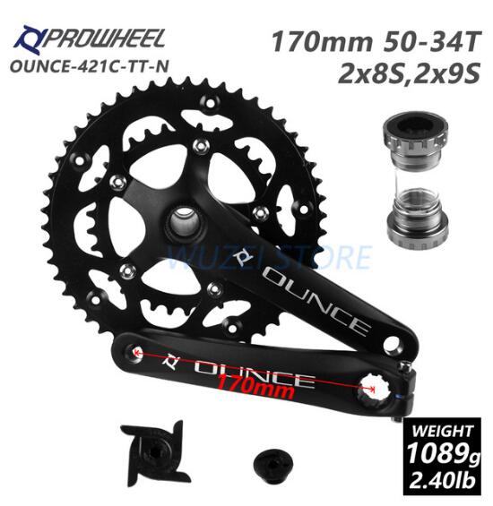 PROWHEEL Road Bike Hollow Double Sprockets Crankset 50T-34T 53T-39T 170mm Crank 110/130 BCD Bottom Bracket Chainwheel Axis Parts: 8S 9S OUNCE-421C BB