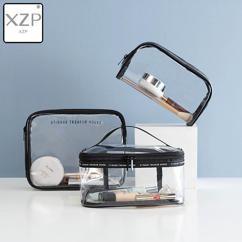 Xzp bolsa para cosméticos, maquiagem à prova d'água, transparente, de pvc, para viagens, com zíper, organizador para itens de higiene pessoal