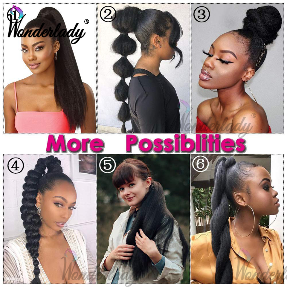 WonderLady Afro Yaki Straight Drawstring Ponytail Synthetic Hair Extensions Long Hairpiece Wrap Around Ponytail For Women Black