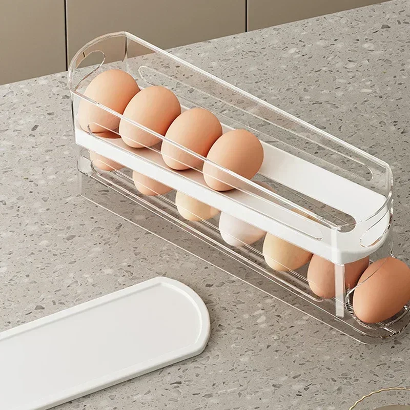 Caja de almacenamiento de huevos para refrigerador, soporte de huevos de desplazamiento automático, estante de almacenamiento de huevos enrollable dedicado para cocina de gran capacidad para el hogar