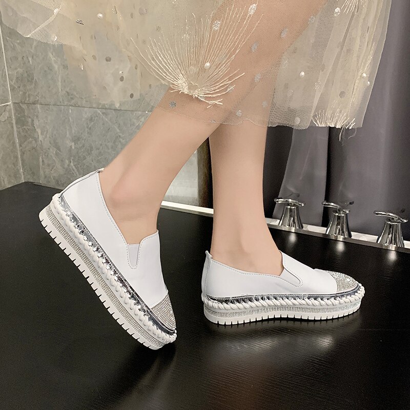 Rimocy Shining Crystal Plus Size 36-43 Loafers Women Spring Summer Slip on Platform White Sneakers Shoes Woman Casual Flats