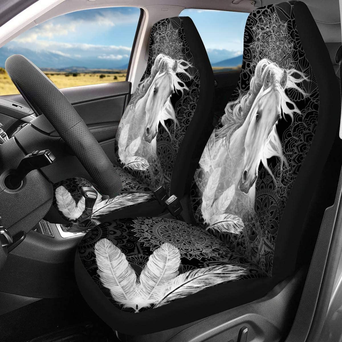 Wit Paard Mandala Veren Print Auto Stoelhoezen Set Van 2, universal Fit Auto Voorstoel Protectors Voor Auto 'S, Suv, Vrachtwagen
