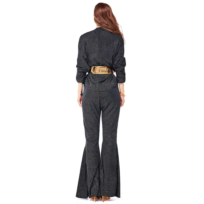 Halloween Retro 70s 80s Hippie Disco Dazzler Costume for Adult Women Wrap Top Bell Bottom Set Glitter Black Costumes