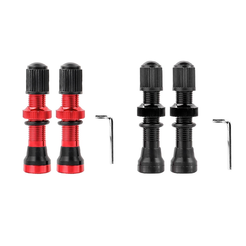 I72 Tubeless Valve Stems For Bikes - 40mm Black Alloy Schrader Pair With Core Tool