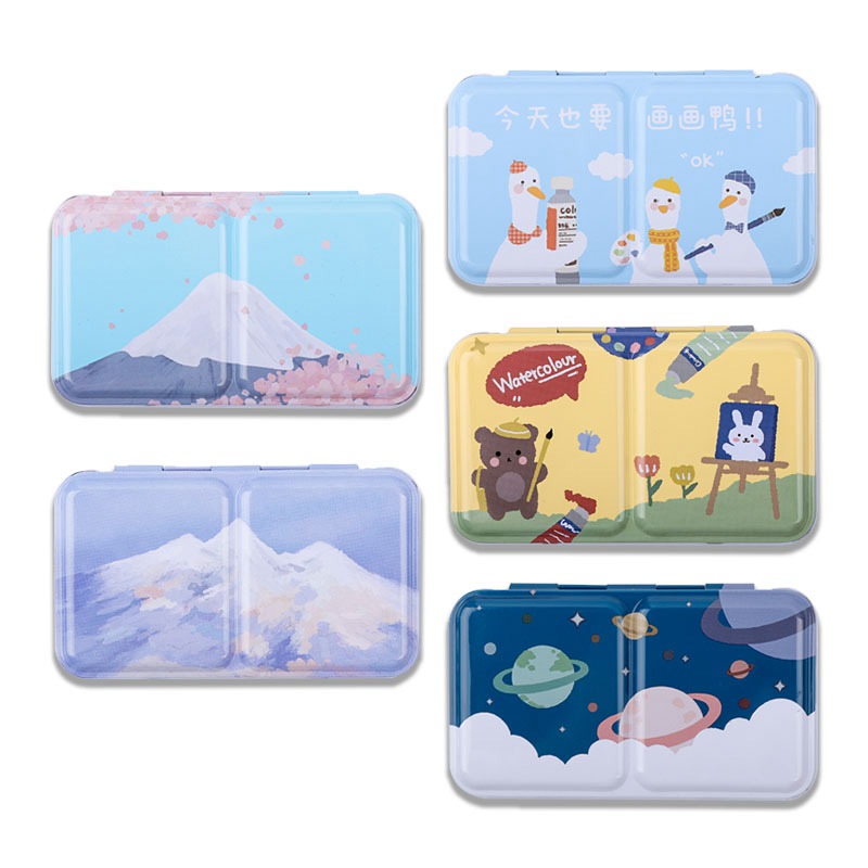 Artist Watercolor Paint Palette Empty Painting Storage Tin Box Iron Paint Tray with Half Pans Painting Supplies