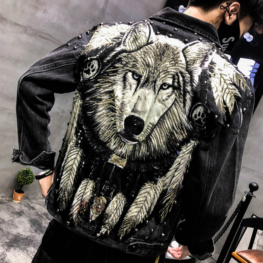 punk style novel wolf embroidery rivet denim jacket men's trend denim jacket street shot men's fit black jacket