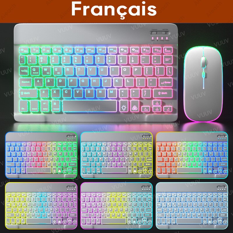Bluetooth-compatible iPad Keyboard Mouse For iPad Pro 11 12.9 Air 4 7th 8th Rainbow Backlit Wireless Tablet Keyboard For Android: French White