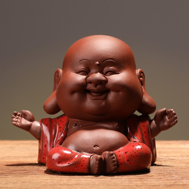 Hecho a mano púrpura arena lindo Maitreya Buda muñeco de monje adornos dedos té jugar té artesanía de mascotas
