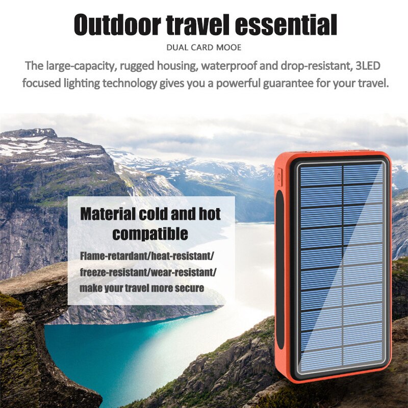 80000mah Solar Power Bank Solar Panel Wireless Portable Charger Outdoor Emergency 3LED Charger Powerbank For Xiaomi Iphone